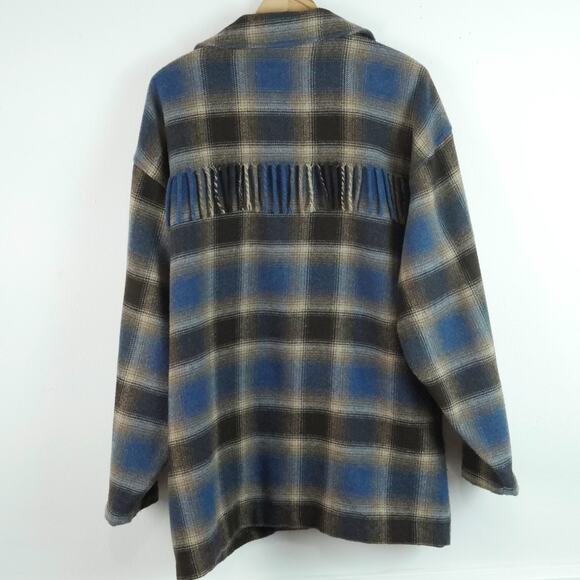 Vintage Large Shacket Oversized Western Shadow Plaid Fringe 90s Wool Blend - Picture 10 of 10